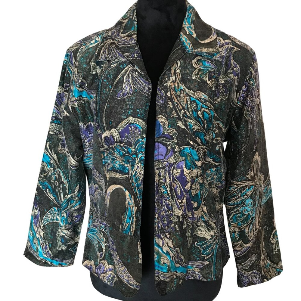 Chico’s Paisley Open-Front Jacket, Lightweight Back Slit Blue Purple Brown Sz 2